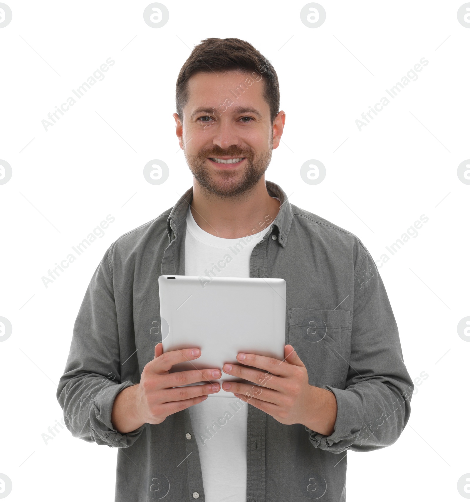 Photo of Happy man with tablet on white background