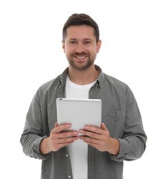 Photo of Happy man with tablet on white background
