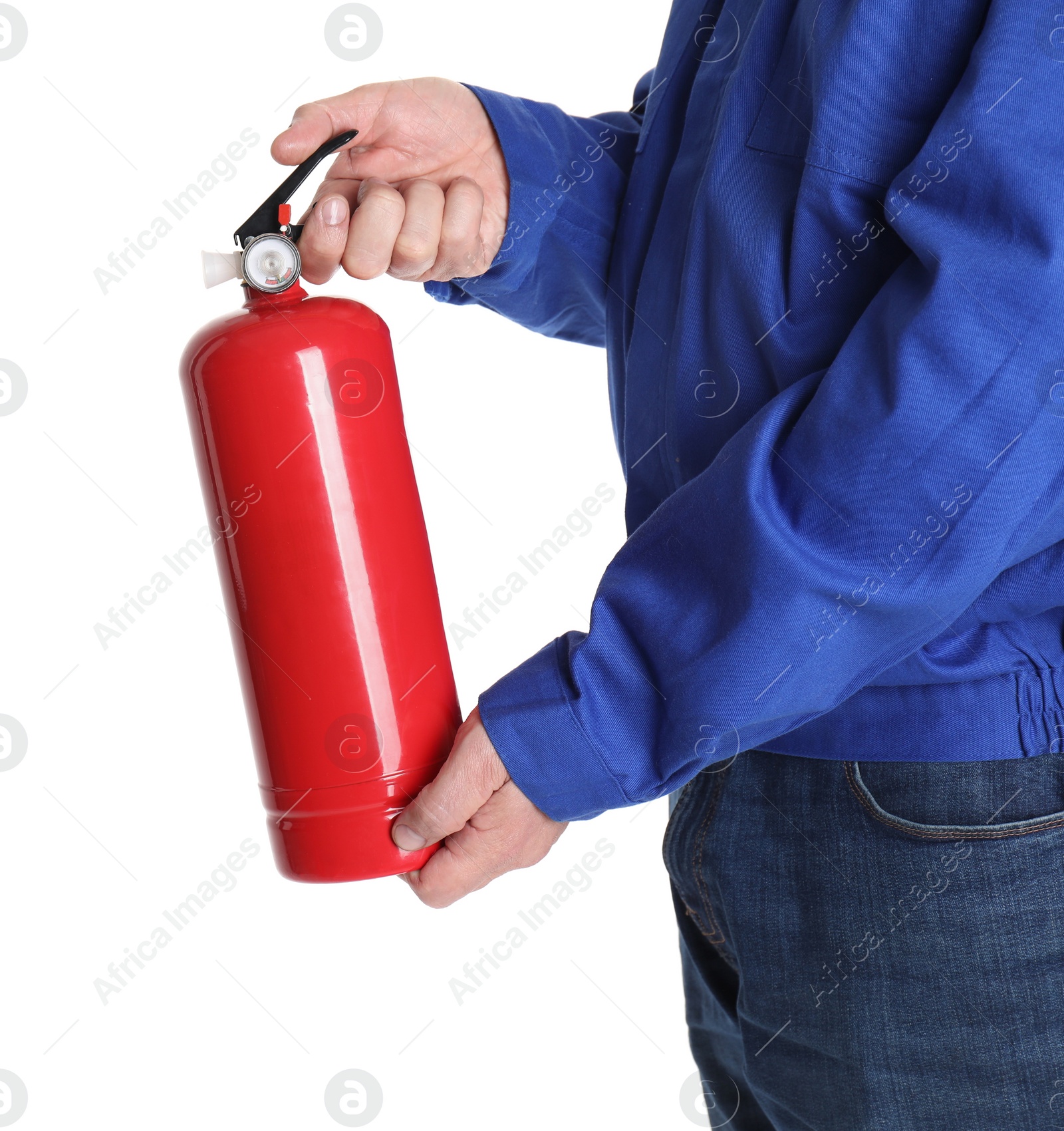 Photo of Man with fire extinguisher on white background, closeup