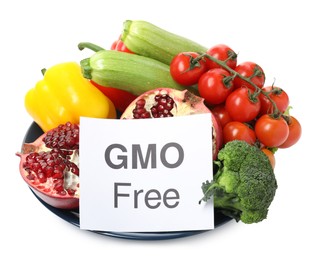 Photo of Tasty fresh GMO free products and paper card on white background