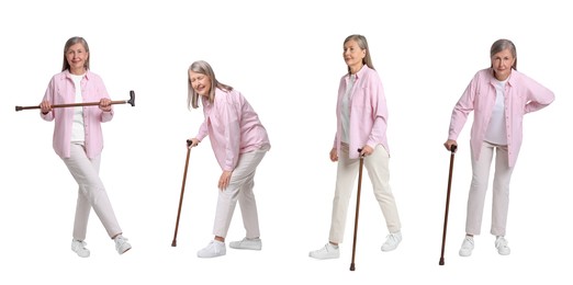 Image of Collage with photos of senior woman with walking cane on white background