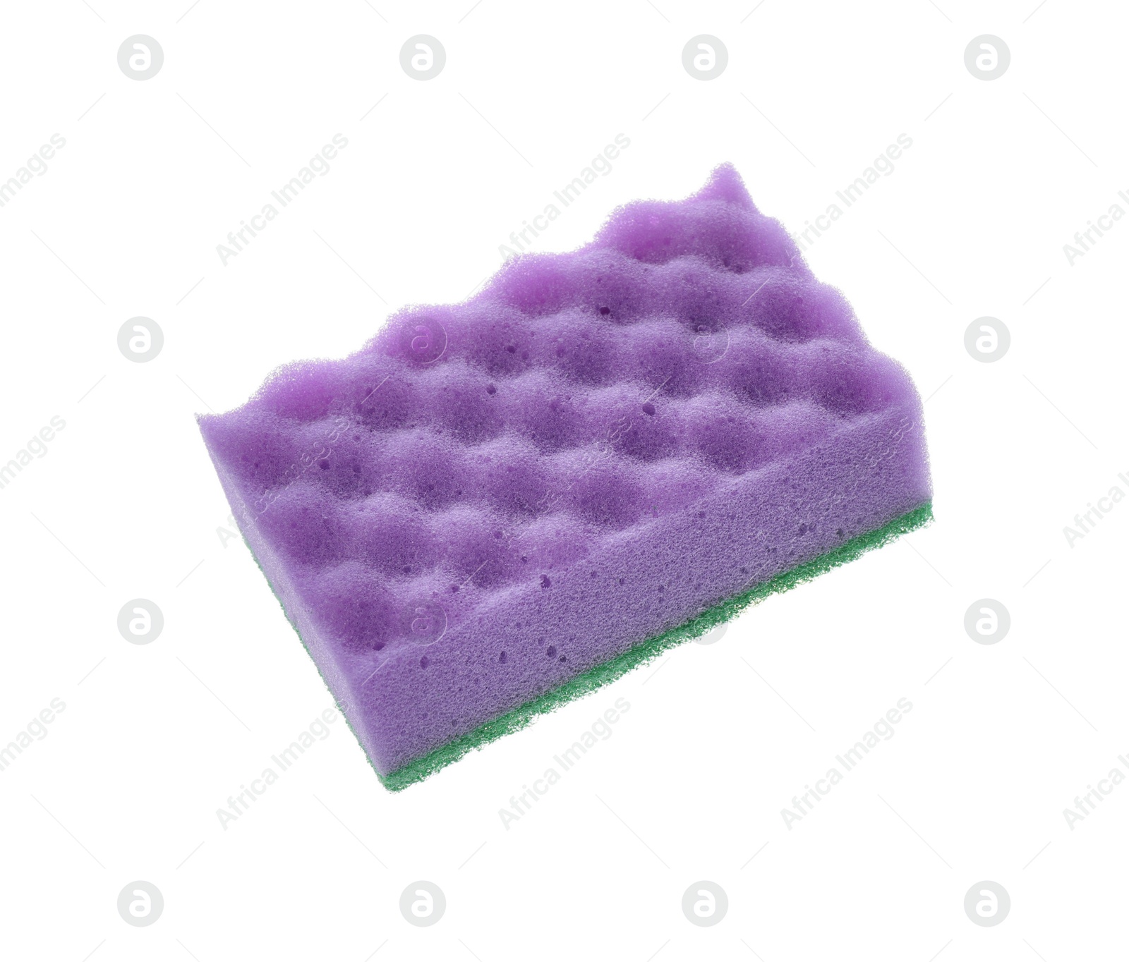 Photo of Purple cleaning sponge with abrasive green scourer isolated on white