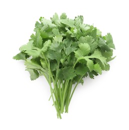 Photo of Bunch of fresh green organic cilantro isolated on white, top view