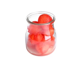 Photo of Glass jar of watermelon balls on white background