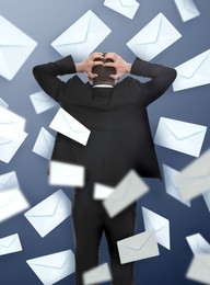 Image of Email spam. Confused man and many letters on color background