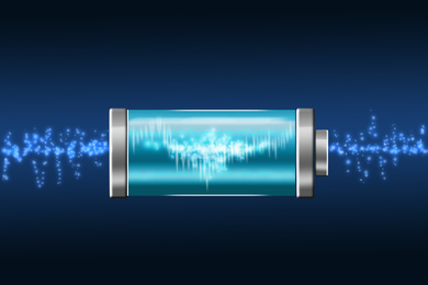 Battery charging icon on color background. Illustration