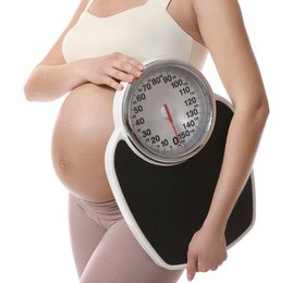 Photo of Pregnant woman with scales on white background, closeup