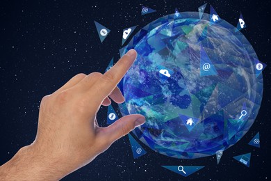 Image of Global network. Woman and virtual model of Earth with internet connection lines