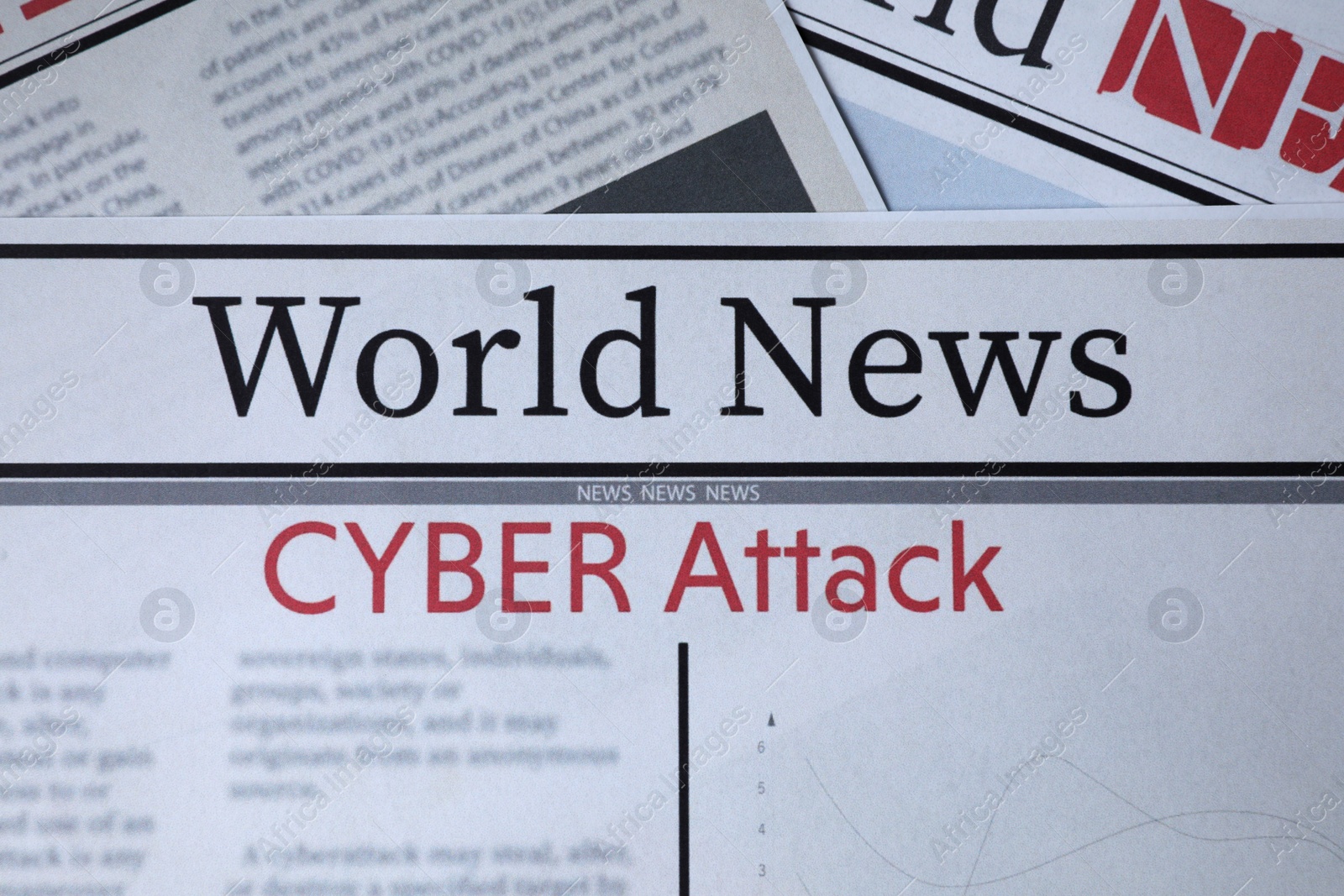 Photo of Top view of newspapers with headlines CYBER ATTACK as background, closeup