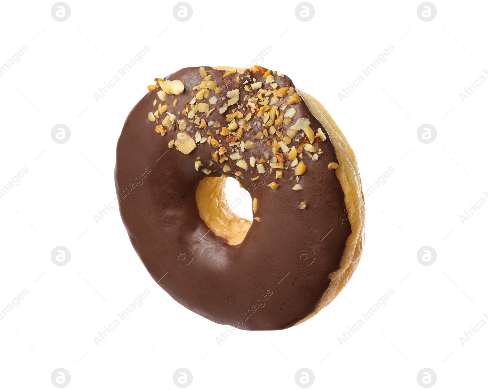 Photo of Sweet tasty glazed donut decorated with nuts isolated on white