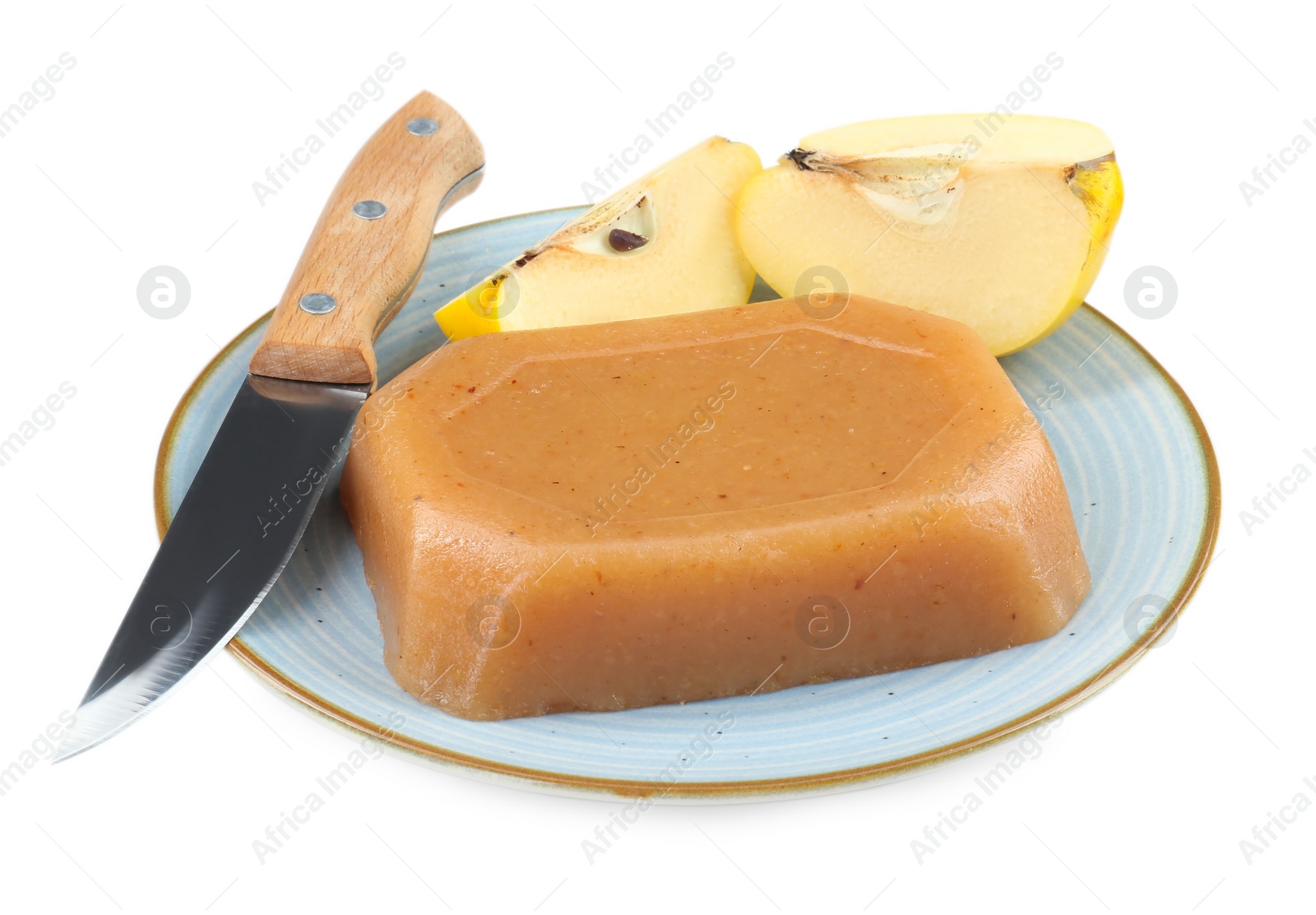 Photo of Delicious sweet quince paste, knife and fresh cut fruit isolated on white