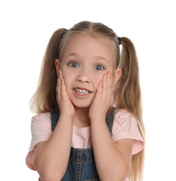 Portrait of cute little girl on white background