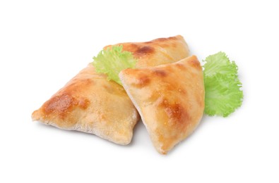 Photo of Delicious samosas and lettuce isolated on white