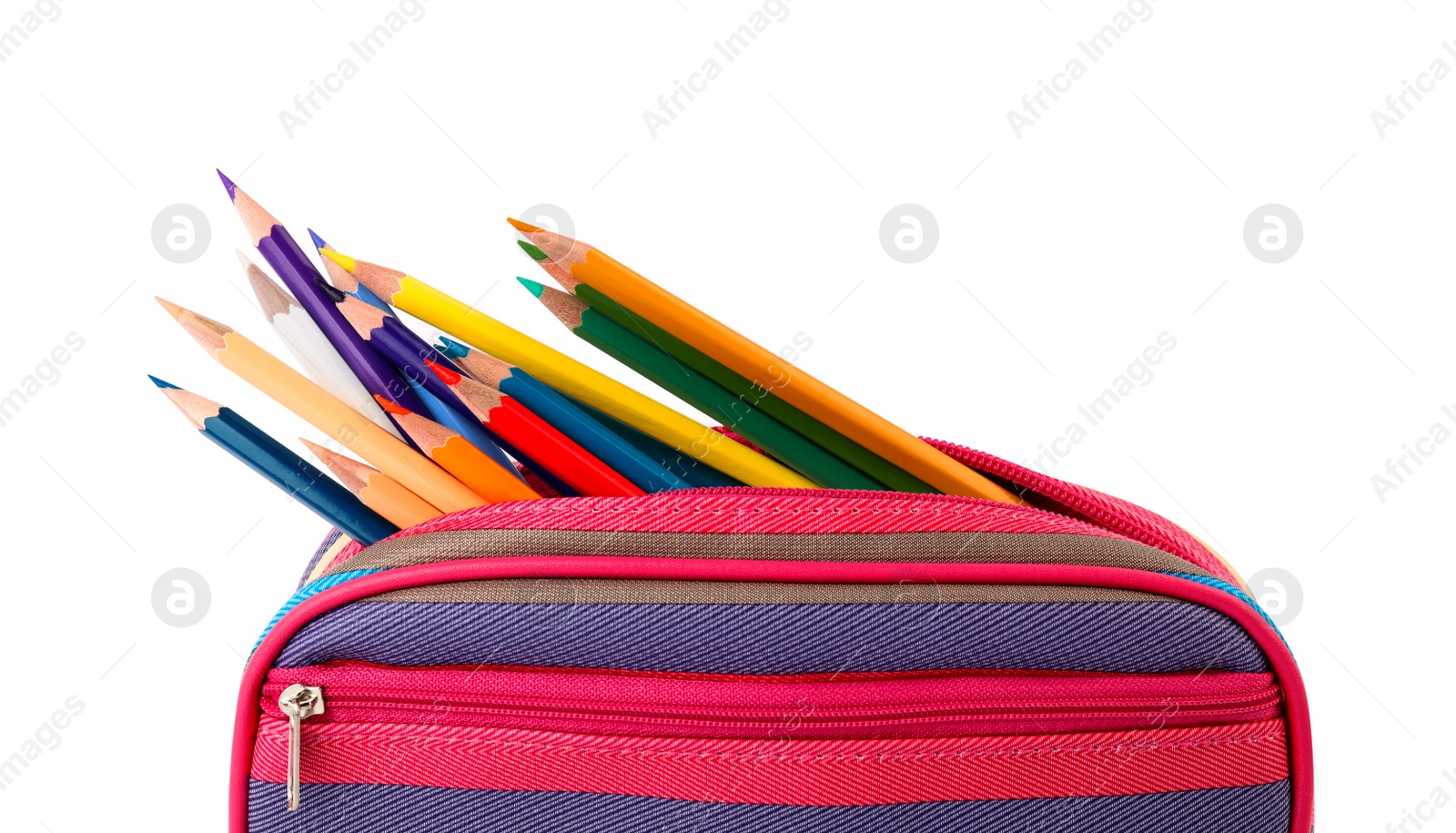 Photo of Case full of color pencils on white background