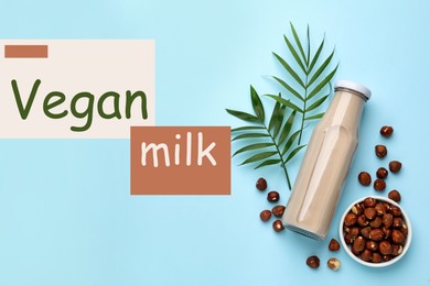 Bottle of vegan milk and hazelnuts on light blue background, flat lay