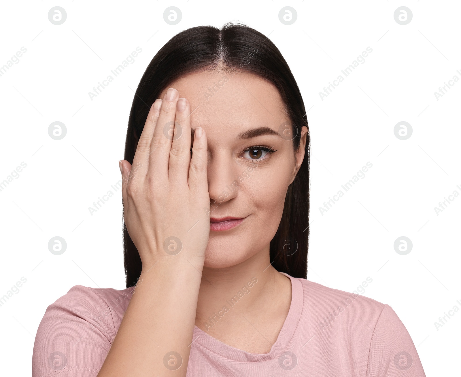 Photo of Beautiful woman covering her eye on white background