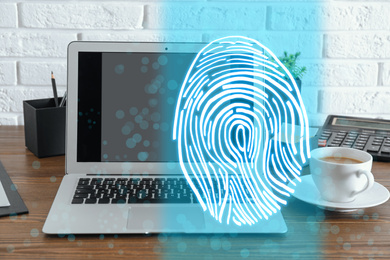 Image of Fingerprint identification. Modern laptop on table indoors