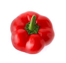 Photo of Ripe red bell pepper isolated on white, top view