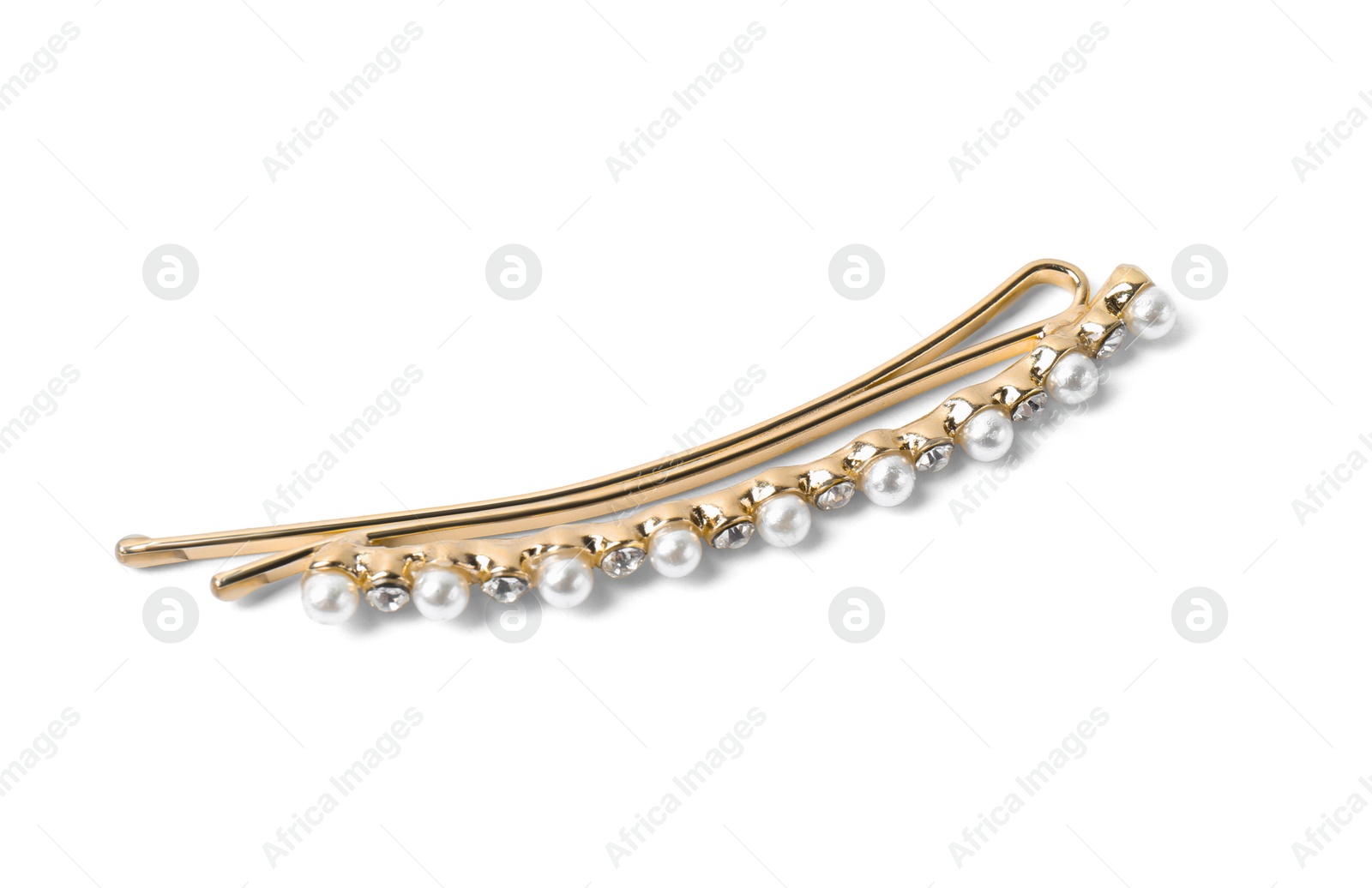 Photo of Beautiful gold hair pin with gems on white background