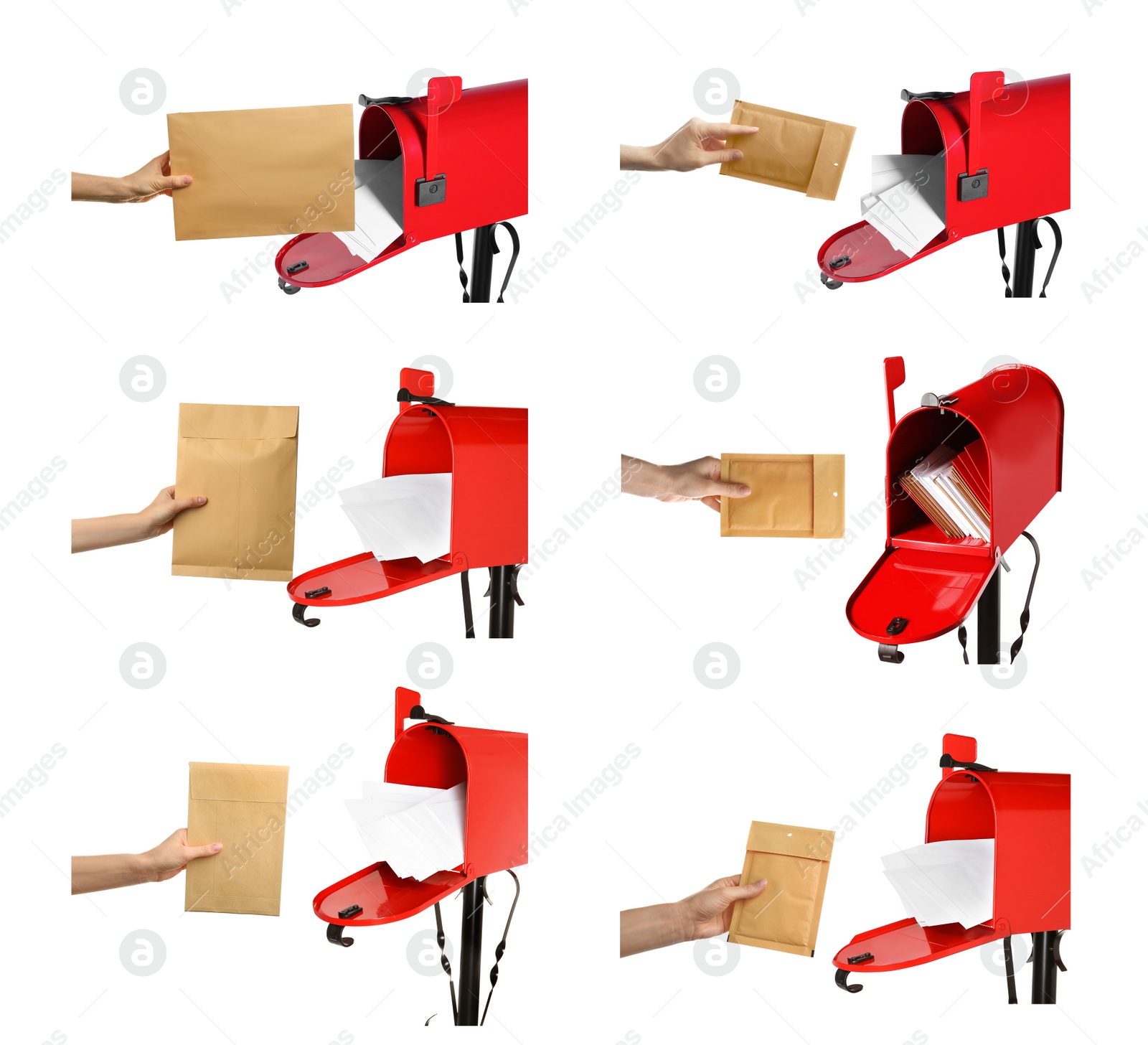 Image of Collage with photos of women putting envelope in red letter box on white background