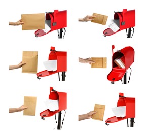 Image of Collage with photos of women putting envelope in red letter box on white background