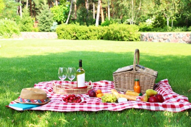 Picnic basket with products and bottle of wine on checkered blanket in garden