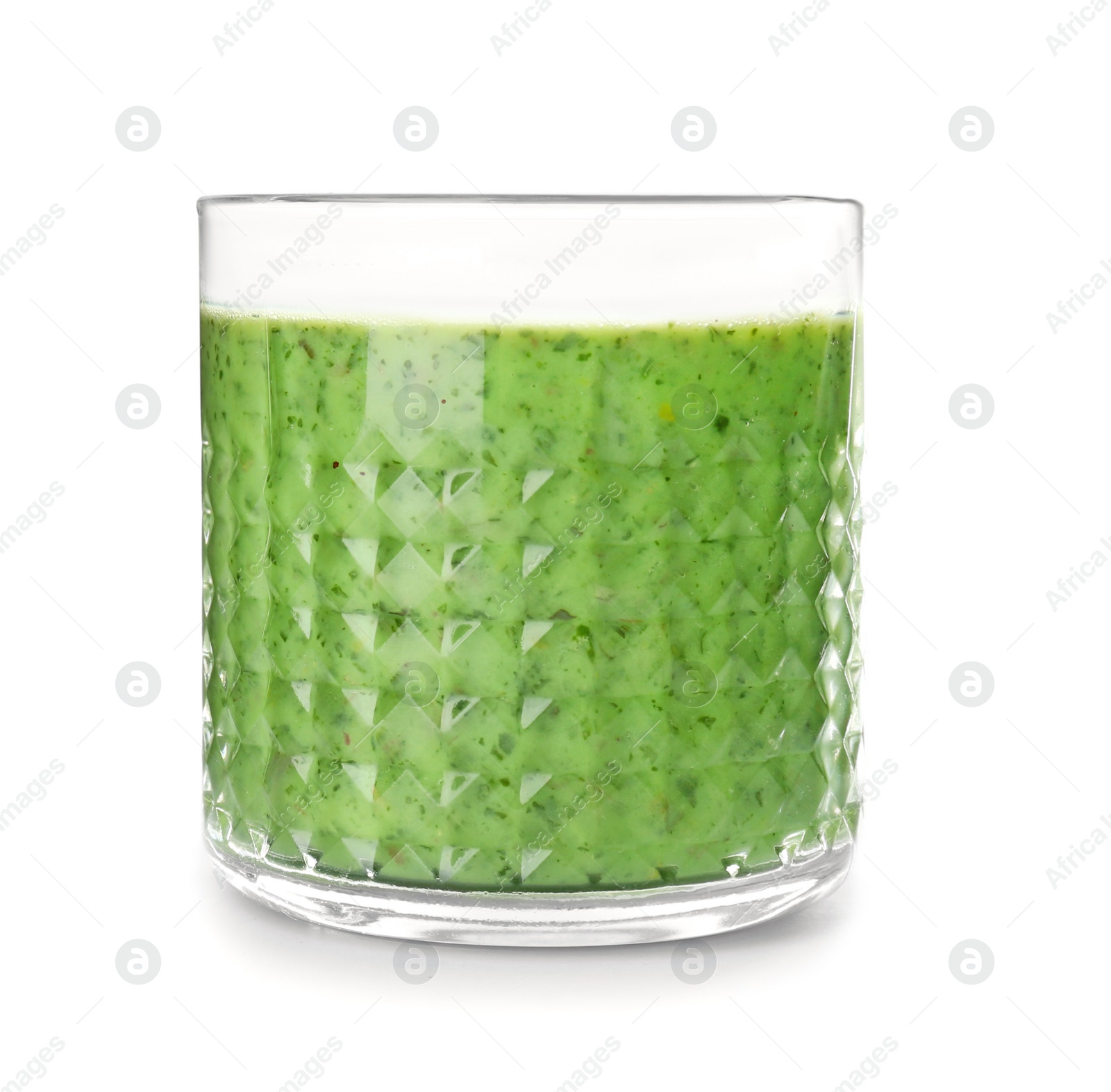 Photo of Glass with delicious detox smoothie on white background