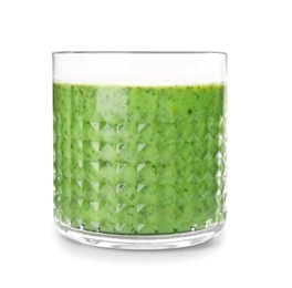 Glass with delicious detox smoothie on white background