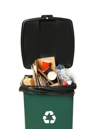 Photo of Trash bin with garbage on white background. Waste recycling