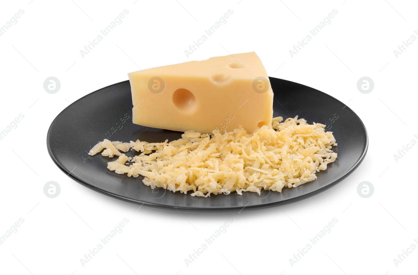 Photo of Grated cheese and piece of one isolated on white