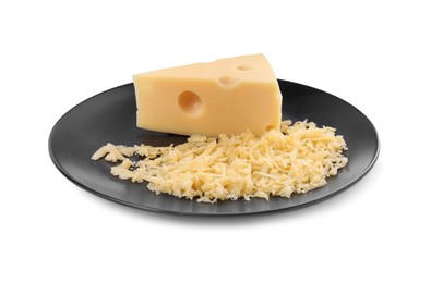 Photo of Grated cheese and piece of one isolated on white