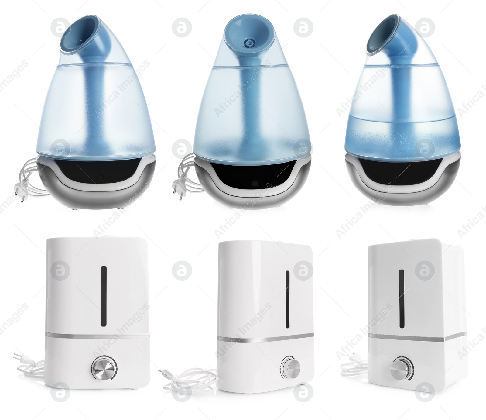 Image of Collage with two modern air humidifiers on white background, view from different sides