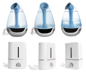 Image of Collage with two modern air humidifiers on white background, view from different sides