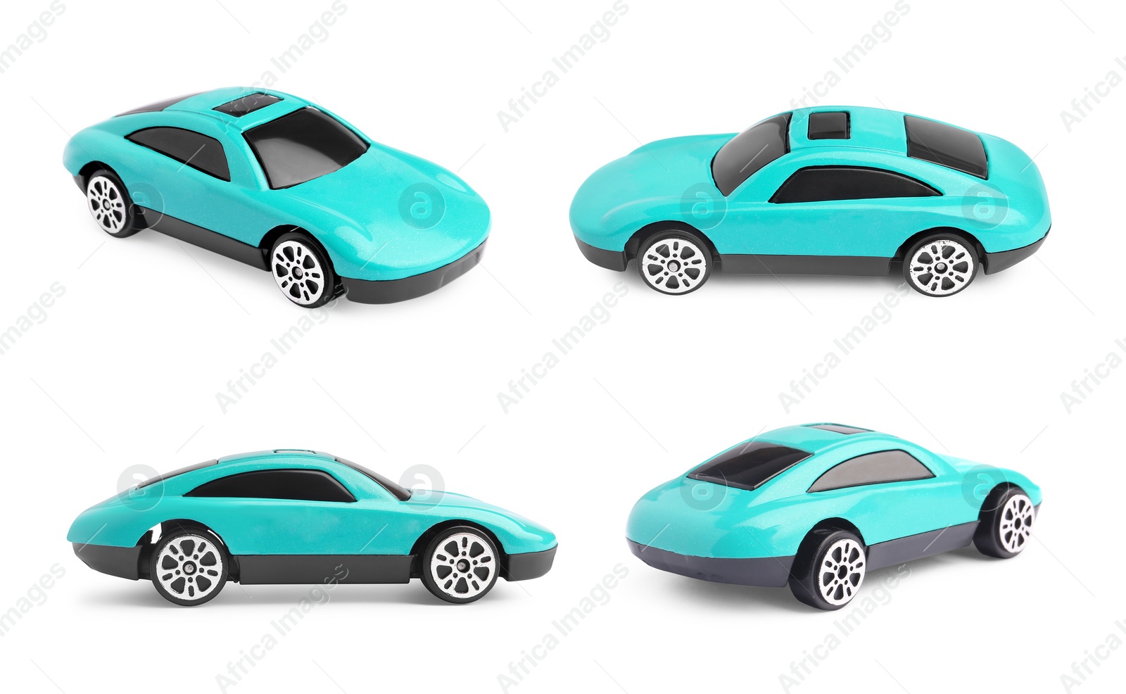 Image of Turquoise toy car isolated on white, different sides