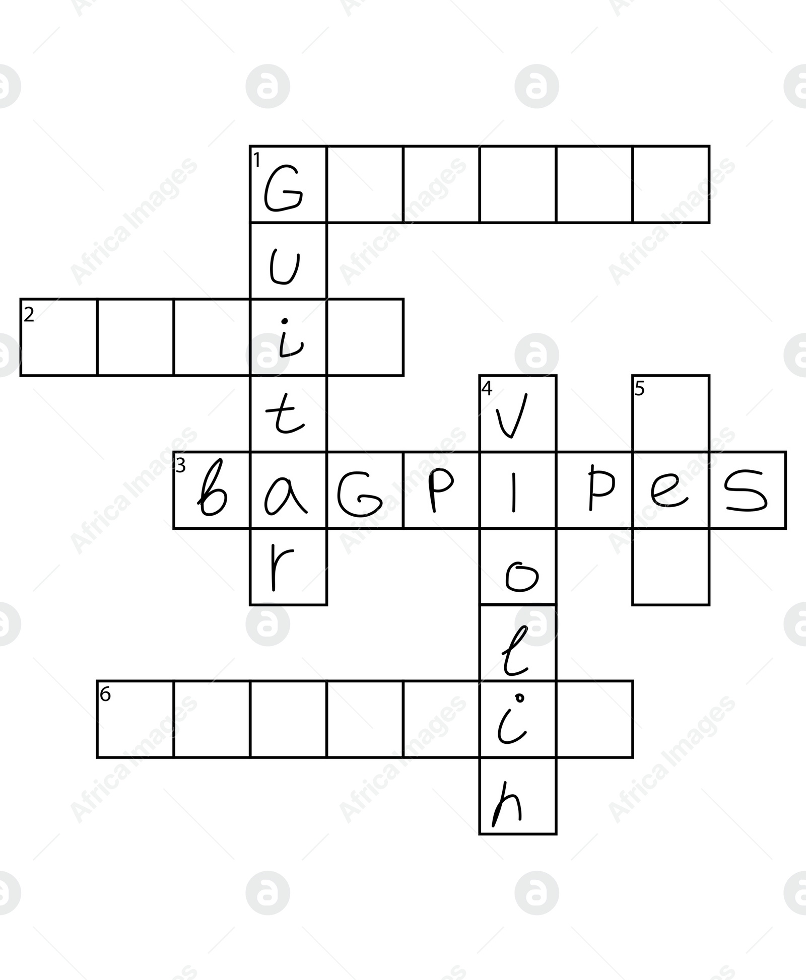 Illustration of  crossword with answers on white background