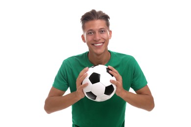 Photo of Happy sports fan with soccer ball on white background