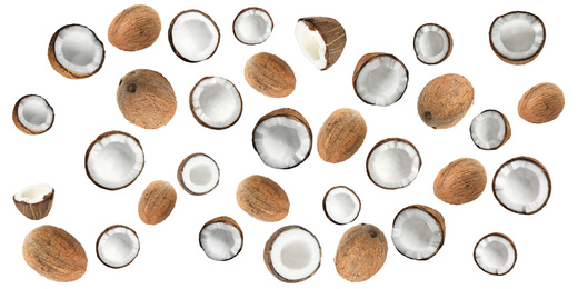 Image of Set with ripe coconuts on white background. Banner design