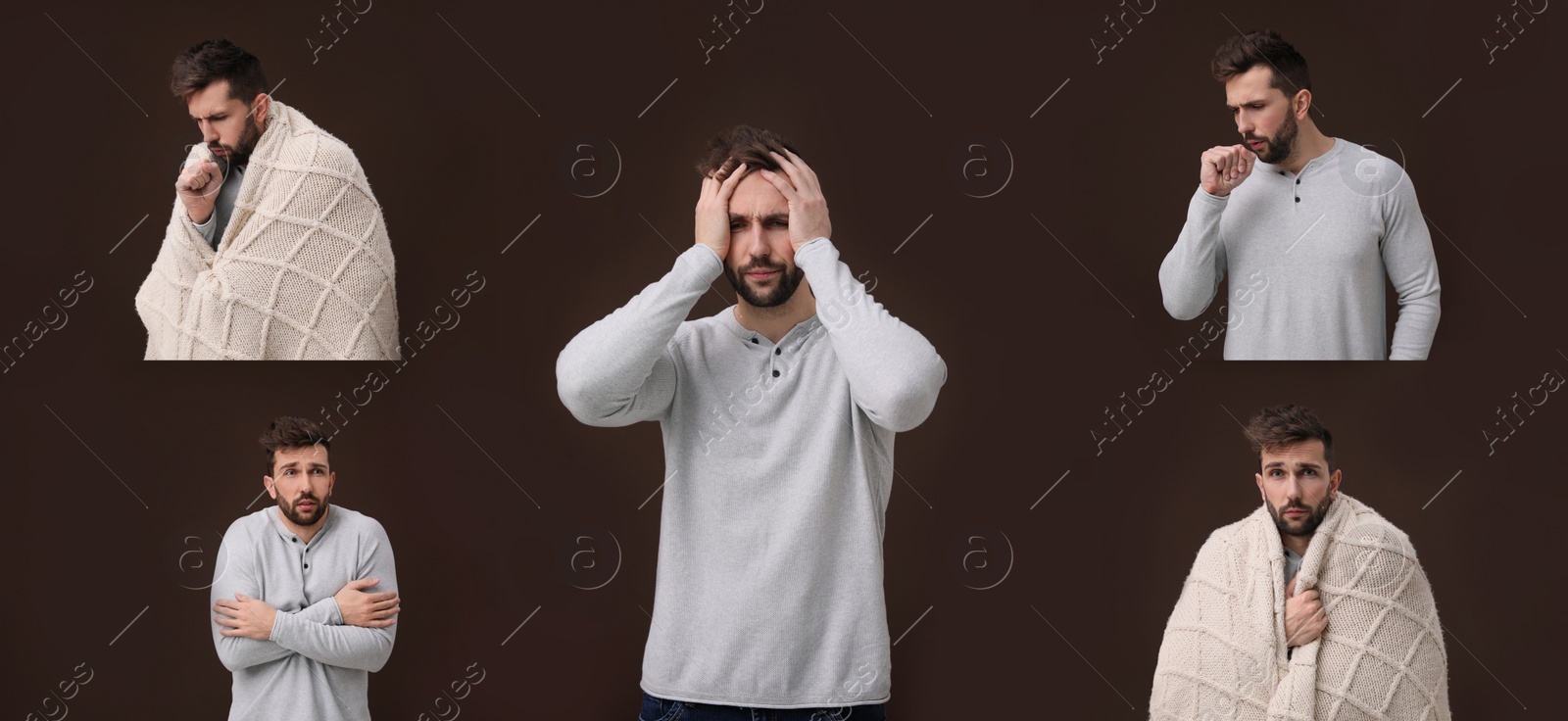 Image of Collage with photos of man with cold symptoms on brown background. Banner design