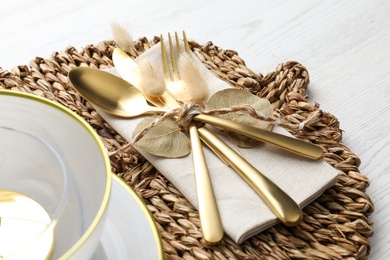 Photo of Autumn table setting on white background, closeup