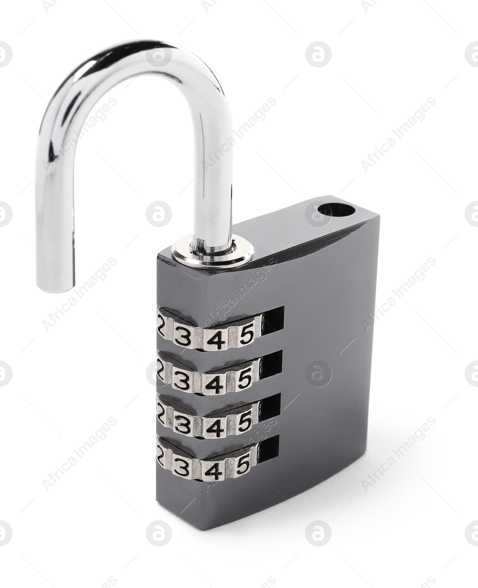 Photo of Unlocked steel combination padlock isolated on white