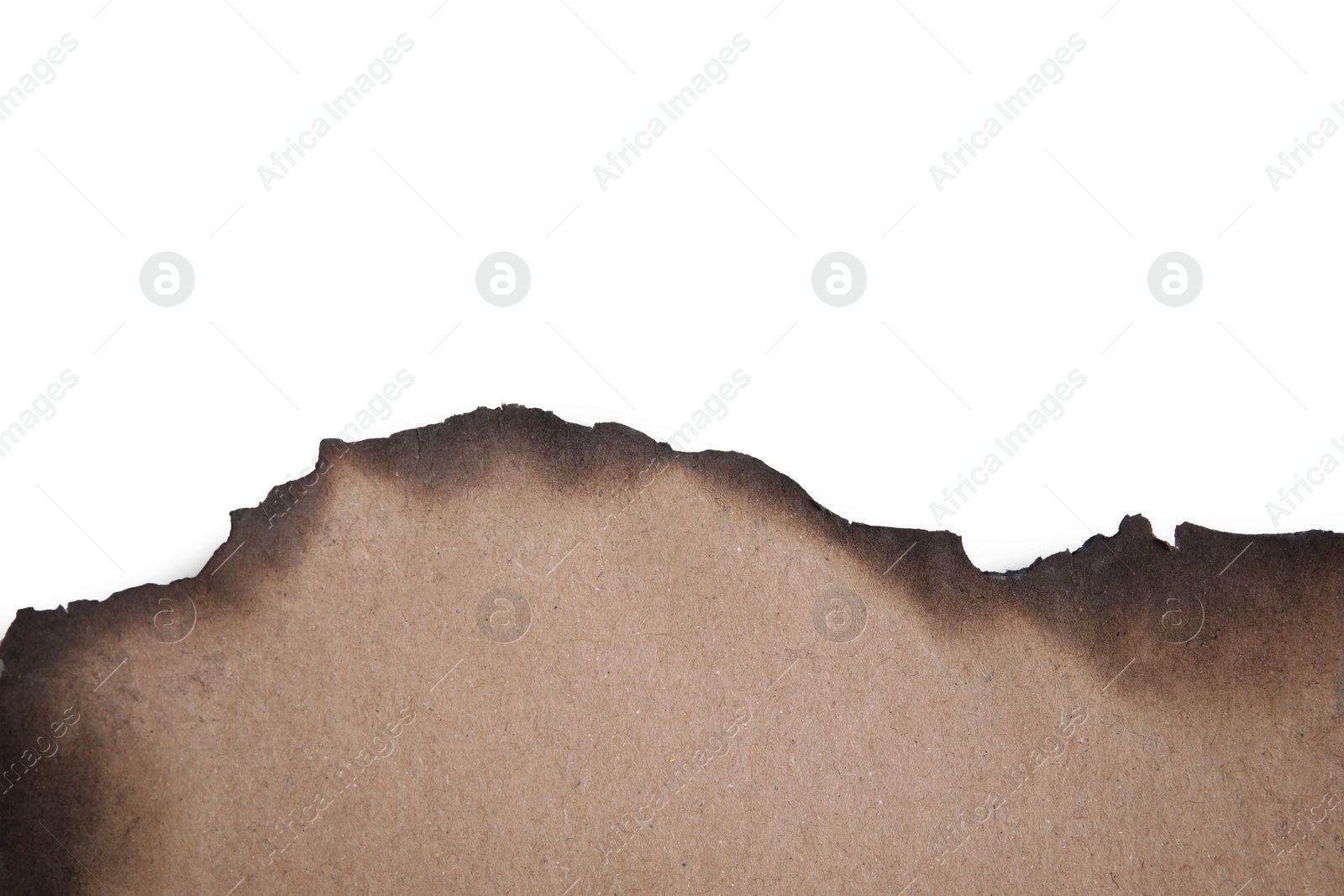 Photo of Piece of brown paper with dark burnt borders on white background, top view. Space for text