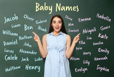 Image of Emotional pregnant woman choosing name for her child. Future mother near green chalkboard with different names