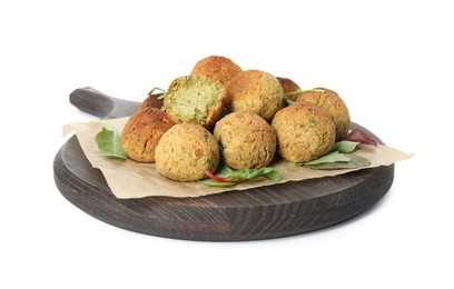Photo of Delicious falafel balls with herbs on white background