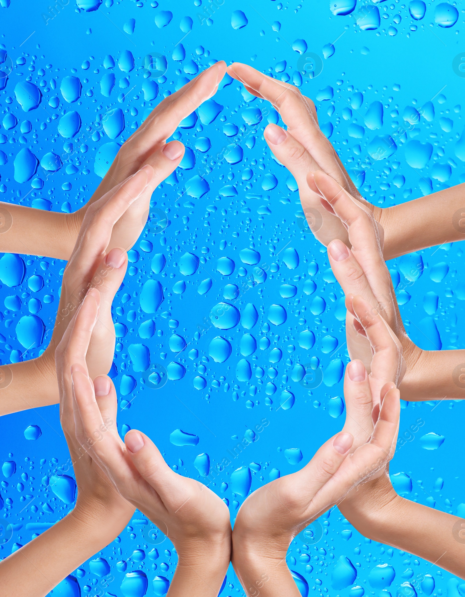 Image of Women forming water drop with their hands on blue background. Ecology protection