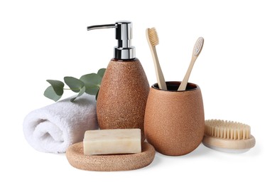 Photo of Bath accessories. Set of different personal care products and eucalyptus leaves isolated on white