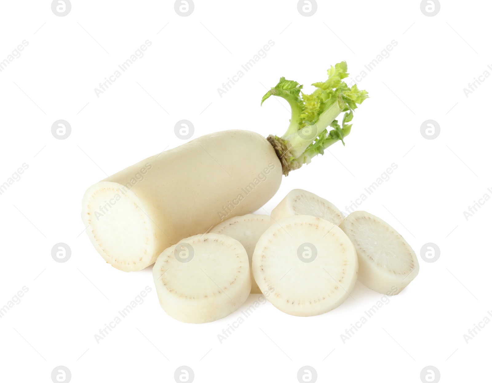 Photo of Cut fresh ripe turnip on white background