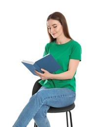 Photo of Young woman reading book on white background
