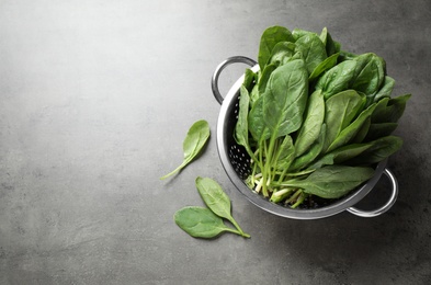 Colander with fresh green healthy spinach on grey table, flat lay. Space for text