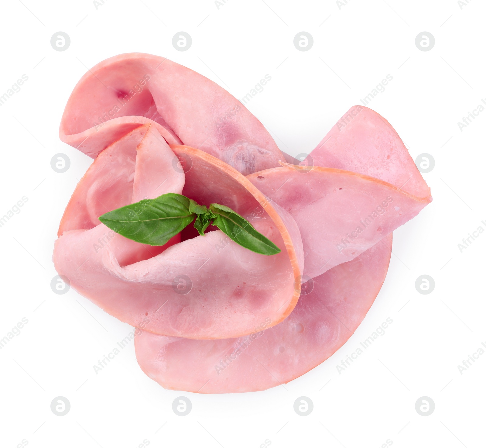 Photo of Slices of tasty ham and basil isolated on white, top view