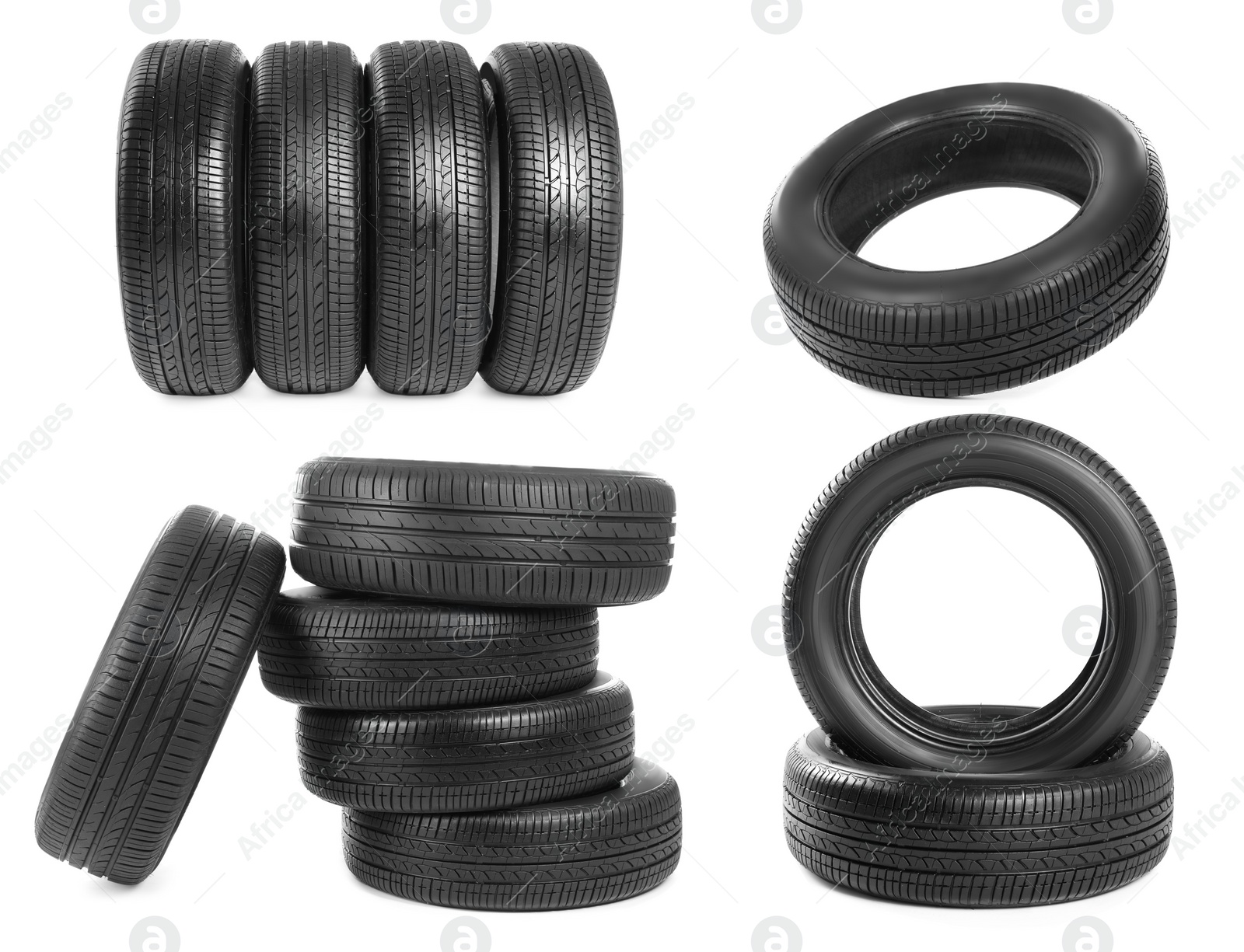 Image of Set with car tires on white background